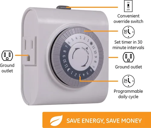 Miniatura 3 de GE Temporizador de salida a tierra mecánico, enchufes dobles con 3 puntas, ciclo de 24 horas, uso en interiores para luces, lámparas, ventiladores