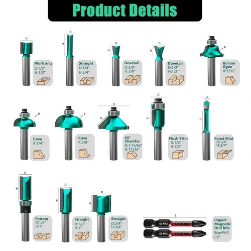 Miniatura 3 de CSOOM Juego de 30 brocas para fresadora, vástago de 1/2, con 2* cabezales de lote, brocas de madera profesionales, brocas de fresado de carburo