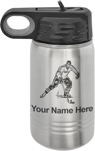 Miniatura 43 de LaserGram Botella de agua personalizada, jugador de hockey, acero inoxidable de doble pared aislada al vacío con popote superior, regalo grabado