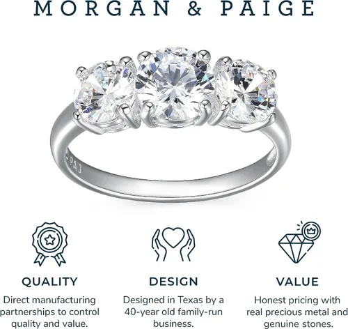 Miniatura 5 de MORGAN & PAIGE Round Cut Cubic Zirconia or Genuine Garnet Ring - Prong-Set Three Stone Engagement RingPromise Rings For Women With Real 925 Sterling
