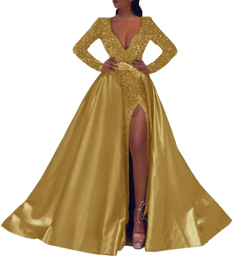 Vestido de fiesta de lentejuelas de manga larga con cuello en V, vestido de fiesta dividido de satén con cola desmontable, vestido de noche formal