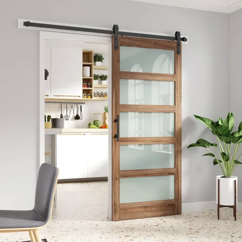 Miniatura 23 de FREDBECK Puerta de granero de vidrio de 32 x 84 pulgadas con kit de herrajes para puerta de granero de 5.5 pies y asa incluida, 5 paneles de vidrio