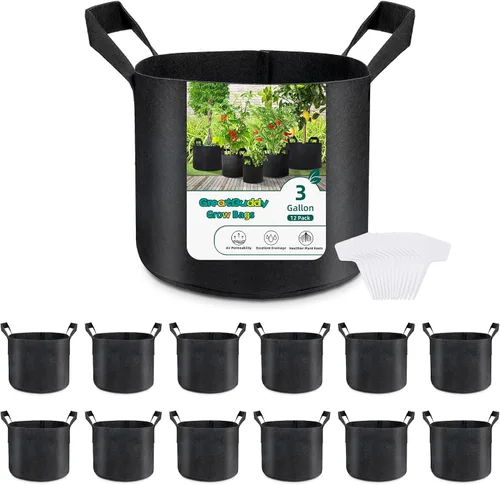 GreatBuddy Bolsas de cultivo de 3 galones, paquete de 12 bolsas de cultivo de tela resistente con asas para verduras, hierbas y tomates, macetas de