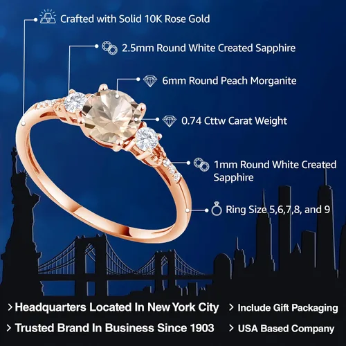 Miniatura 52 de Gem Stone King Anillo de compromiso de 3 piedras preciosas redondas de oro rosa de 10 quilates, 0.236 in, piedra natal, zafiro blanco y diamante