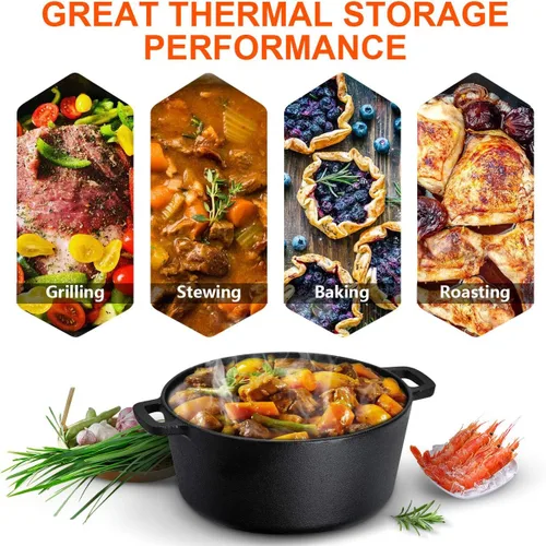 Miniatura 2 de Overmont Olla holandesa 2 en 1 de hierro fundido pre-curada con tapa de sartén para inducción, eléctrico, parrilla, cocina, barbacoa, campamento