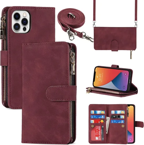Cavor Funda tipo cartera para iPhone 12, funda cruzada con soporte para correa, tarjetero para mujeres y hombres, funda protectora magnética de