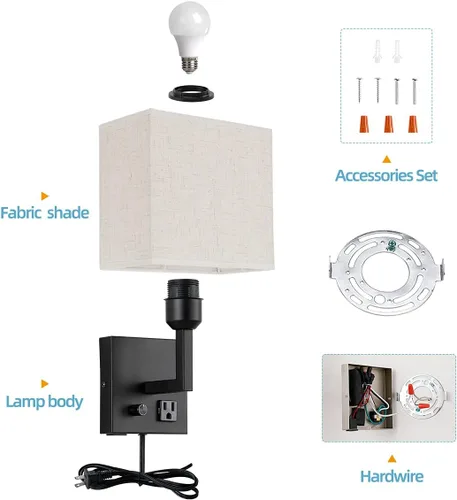 Miniatura 5 de Aplique de pared enchufable, lámpara de pared de cabecera con enchufe e interruptor regulable, con puerto de carga USB y enchufe, adecuado para Negro