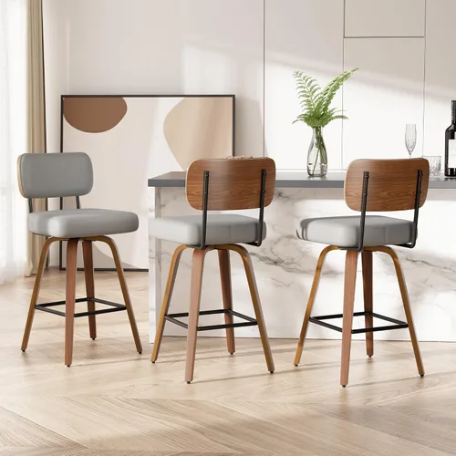 Miniatura 36 de Juego de 1 taburete de bar giratorio, taburetes de bar tapizados de 26" de altura para encimera con respaldo de nogal y patas de madera curvada