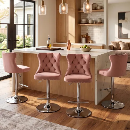 Miniatura 39 de SoarFlash Juego de 2 taburetes de bar tapizados de terciopelo moderno con patas de madera, botones acolchados, cabeza de clavo cromada, asiento