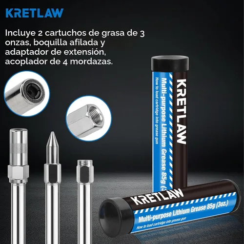 Miniatura 4 de KRETLAW Mini pistola de grasa (3000PSI) con doble cartucho de grasa de 3 oz y manguera flexible de 12 pulgadas, acoplador reforzado