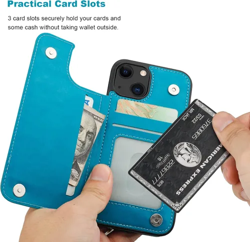 Miniatura 5 de Vaburs Funda compatible con iPhone 13 con tarjetero y diseño de mandala en relieve, de piel sintética, doble botones, a prueba de golpes, para Azul