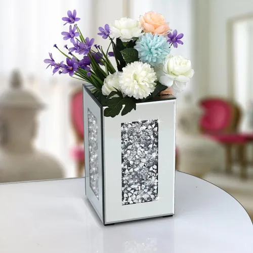 Miniatura 3 de Jarrón Espejado de Diamante Triturado 6x6x10 pulgadas de Cristal Plateado, Jarrón Decorativo Impresionante para Flores, Lujoso para Decoración