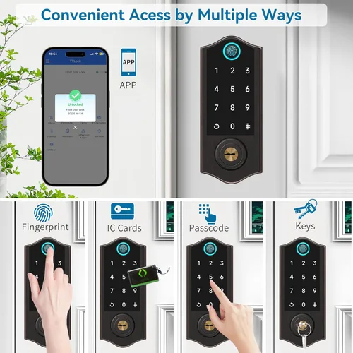 Miniatura 2 de Cerraduras inteligentes con huellas dactilares para puerta delantera con mango, control por aplicación, cerradura de puerta de entrada sin llave