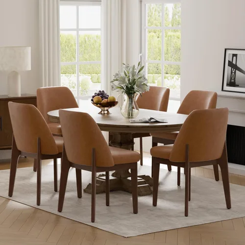 Miniatura 16 de VKNOW Juego de 2 sillas de comedor modernas, sillas de cocina de piel sintética con patas de madera, sillas laterales tapizadas para cocina, Beige