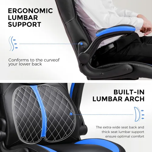 Miniatura 7 de COMHOMA Silla ergonómica para juegos de oficina para adultos, con soporte lumbar, brazos abatibles, altura ajustable, ruedas giratorias de piel Azul