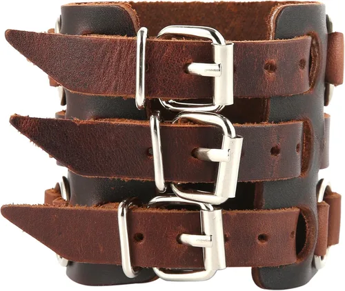 Miniatura 10 de HZMAN Anillo de aleación para hombre, pulsera de cuero genuino, tono plateado, ajustable