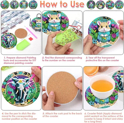 Miniatura 5 de ijbnhd 8 posavasos de pintura de diamantes de animales, posavasos de arte de diamantes con soporte para principiantes y adultos, suministros