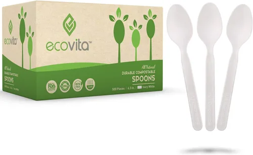 Ecovita Cucharas 100% compostables – 500 utensilios desechables grandes (6.5 pulgadas). Tamaño a granel, ecológico, duradero y resistente al calor,