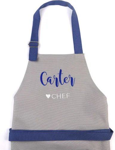 Delantal para niños - Delantal de cocina personalizado bordado con nombre, ajustable, de algodón, con bolsillos, para cocinar 07 Gris + Azul marino