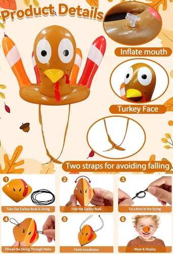 Miniatura 3 de Paquete de 2 juegos de lanzamiento de anillos de Acción de Gracias, juguetes inflables para niños, sombreros de pavo inflables de Acción de Gracias