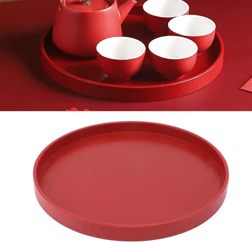 Miniatura 5 de Bandeja de madera maciza para servir, plato redondo de 9.45 pulgadas, bandeja otomana de madera para desayuno, bandeja otomana con bordes elevados