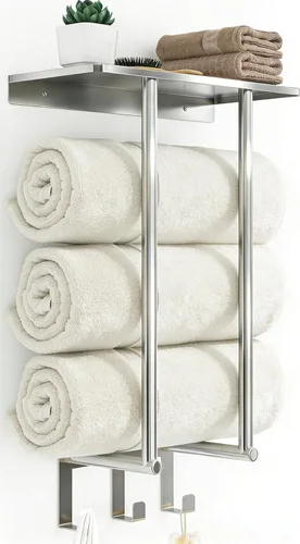 Miniatura 12 de Toalleros para baño, toallero con estante y 3 ganchos, soportes de almacenamiento de toallas de pared para toallas de baño enrolladas, color negro