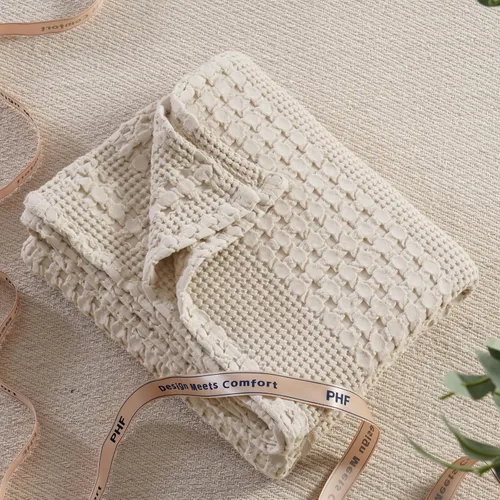 Miniatura 6 de PHF - Manta tejida de punto gofre 100% algodón, suave, ligera, transpirable, acogedora, de verano, para sofá y cama, tejida, estética, decoración 01
