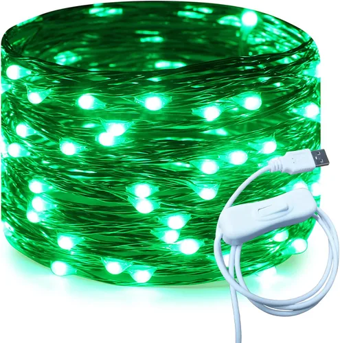 RUICHEN Alambre de cobre de 33 pies, 100 luces LED USB con interruptor de encendido/apagado, verde