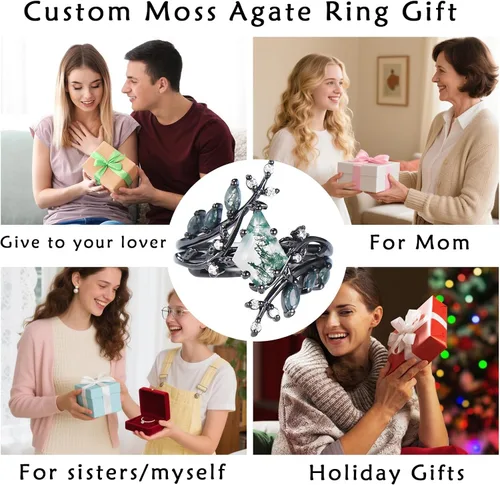 Miniatura 8 de Black Glod - Juego de anillos de compromiso de ágata musgo natural para mujer, anillo de compromiso de aniversario, plata de ley 925 o anillo