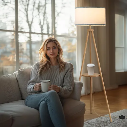 Miniatura 7 de EOEYYOYB Lámpara de pie con 3 modos de luz ajustables: lámpara de pie con trípode de madera, moderna lámpara de pie LED con brillo regulable