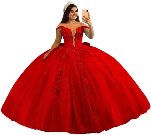 Mauuwy Vestidos de quinceañera de tul de lujo, vestido de baile hinchado brillante dulce 16 vestidos florales fuera del hombro vestido de graduación