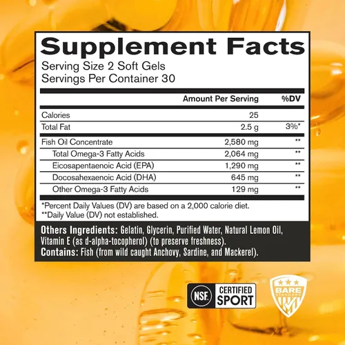 Miniatura 2 de BARE PERFORMANCE NUTRITION, BPN Strong Omega Fish Oil Soft Gel, 1290 mg de aceite de pescado por cápsula, pescado capturado silvestre, de origen