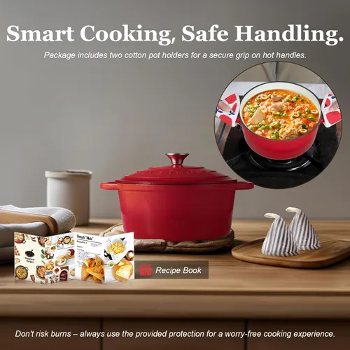 Miniatura 6 de Overmont - Horno holandés de hierro fundido esmaltado - Olla de 4.5QT con tapa, libro de cocina y paños de cocina de algodón - Utensilios de cocina