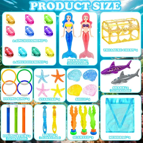 Miniatura 2 de Rileryan Juego de 36 juguetes de buceo en la piscina para niños, anillos de buceo y palos, juguetes de natación, tesoros piratas, gemas de cofre