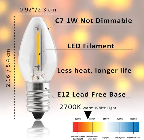 Miniatura 5 de Bombilla LED nocturna – Bombillas LED C7 E12 – Bombillas de candelabro, bombilla incandescente equivalente a 1 vatio de 10 W, blanco cálido 2700 K