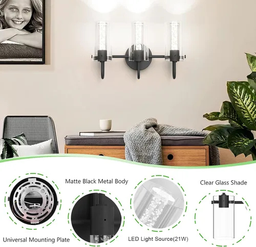Miniatura 2 de Aipsun Lámparas de baño, luces negras de tocador con cristal de burbujas, 3 luces LED modernas, accesorios de iluminación de pared de baño sobre