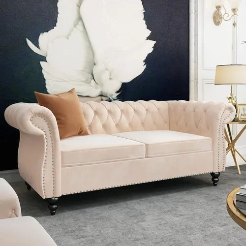 Miniatura 17 de QHITTY Sofá de Acento, Sofá Biplaza Chesterfield Moderno de Terciopelo, Sofá Tapizado con Respaldo Capitoné para Muebles de Sala de Estar (Gris)