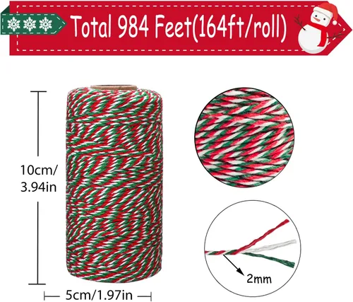 Miniatura 2 de Doumeny 6 rollos de cordel de algodón de Navidad de 984 pies de cuerda de algodón para panaderos de Navidad, cuerda de algodón rojo, verde y blanco