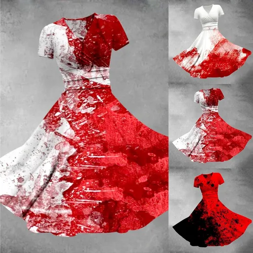 Miniatura 2 de CRNTCEM Vestido de Halloween acampanado para mujer, para carnaval, talla grande, estampado de salpicaduras de sangre roja aterradora, cuello en V