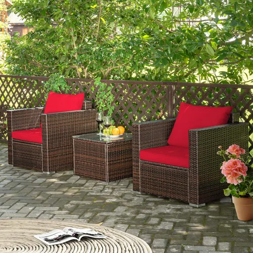 Miniatura 5 de COSTWAY Juego de muebles de patio de 3 piezas, sofá de mimbre para exteriores con cojines y mesa de centro con vidrio templado, juego moderno de Rojo