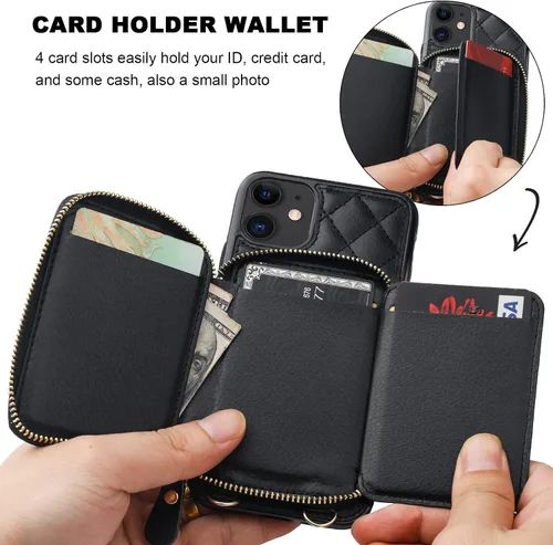 Miniatura 4 de Bocasal Funda tipo cartera cruzada para iPhone 11, con bloqueo RFID, de piel sintética, con cremallera, funda tipo cartera con función atril y Negro