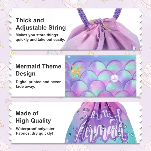 Miniatura 2 de Paquete de 12 bolsas con cordón para fiesta de sirena, para cumpleaños de niños, niñas, con cordón, mochila como bolsa de botín y regalos