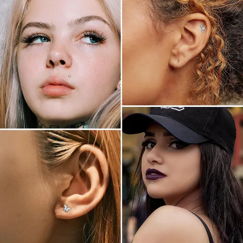 Miniatura 6 de NICEIGHT 4 aretes de titanio G23 de 16G sin rosca para labret Monroe, aretes hipoalergénicos para cartílago para orejas sensibles, espalda plana