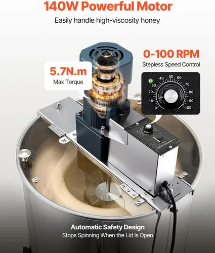 Miniatura 3 de VEVOR Extractor eléctrico de miel, extractor de miel de 3 marcos con tapa transparente, centrifugadora de tambor de panal de acero inoxidable