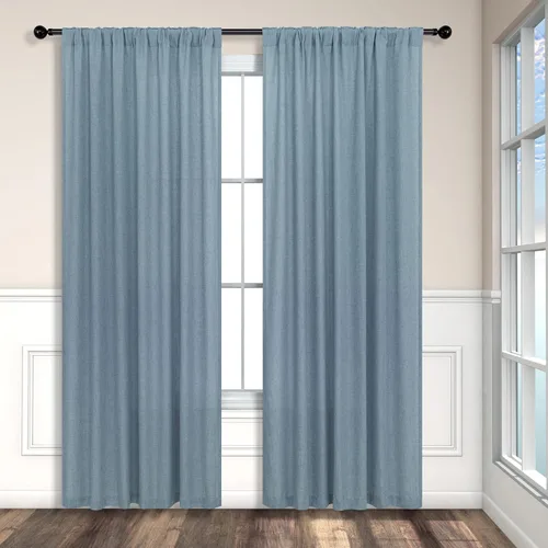 Miniatura 8 de Cortinas de lino azul de 84 pulgadas de largo para sala de estar; juego de 2 paneles con lengüeta trasera; cortinas con dobladillo para barra; Azul