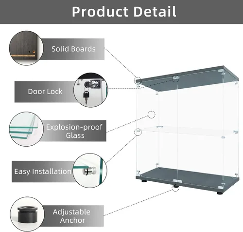 Miniatura 3 de LFT HUIMEI2Y Vitrina de cristal con 2 estantes con puerta doble, gabinetes Curio de instalación rápida en 30 minutos, estantería de pie de vidrio