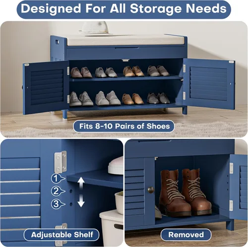 Miniatura 4 de WARMHONIU Banco de Almacenamiento para Zapatos con Tapa Levantable, Banco de Entrada con Asiento Acolchado, Estante Ajustable, Zapatero de 2 Niveles