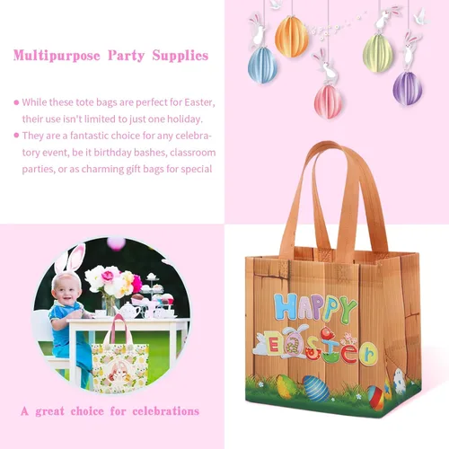 Miniatura 5 de Paquete de 12 bolsas de caza de huevos de Pascua de 8 x 8 x 6 pulgadas, 6 diseños únicos, diseño colorido de huevos de conejito de primavera, bolsas