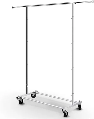 Miniatura 9 de Simple Trending Perchero para ropa resistente con ruedas y 4 varillas colgantes, estantes ajustables para prendas rodantes, capacidad de carga 254