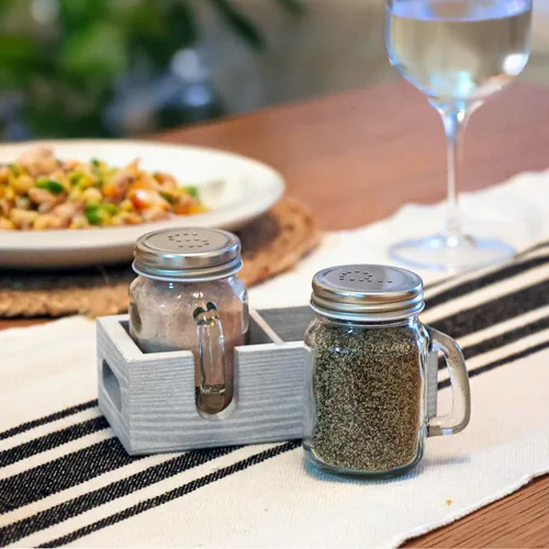 Miniatura 5 de Juego de salero y pimentero Mason Jar - Juego de salero de vidrio con soporte de madera, fácil de limpiar y rellenar para mesa de cocina de granja
